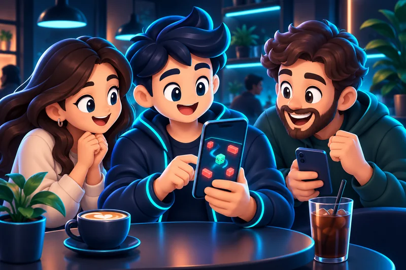 Неоновая 3D-иллюстрация: трое друзей сравнивают попытки в Untouch